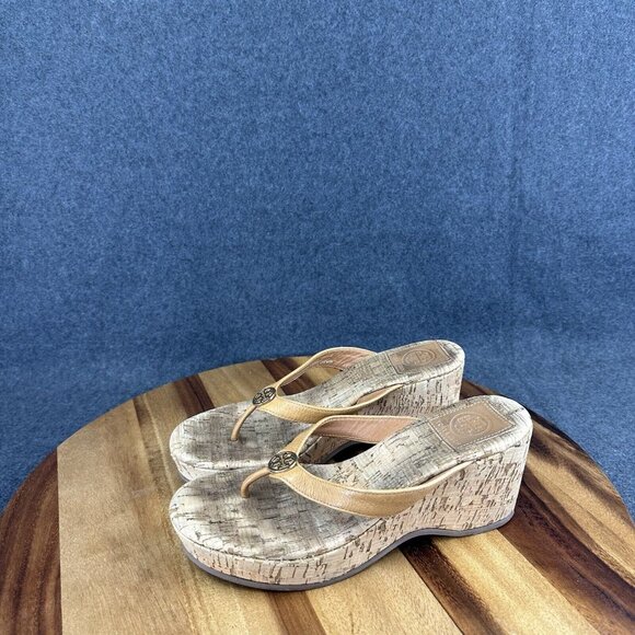 Tory Burch Brown Cork Wedge Heel Thong Sandals Logo Women's 6.5M - Picture 5 of 12